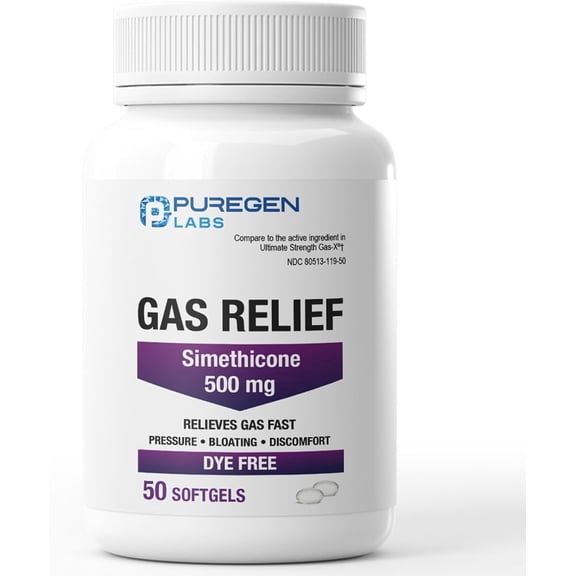 Puregen Labs Gas Relief Softgels with Simethicone 500 mg, Dye Free Formula, Fast Relief from Gas, Bloating & Pressure - 50 Softgels
