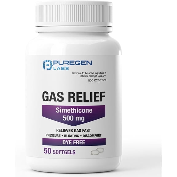 Puregen Labs Dye Free Formula Simethicone Gas Relief Softgels for Gas, Bloating & Pressure, 500 mg, 50 Count