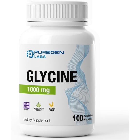 Puregen Labs Glycine 1000mg [High Potency] 100 Vegetarian Capsules, Promotes Healthy Sleep | No Harmful Additives | Non-GMO, NO Gluten and Dairy | Made in USA | 1PK