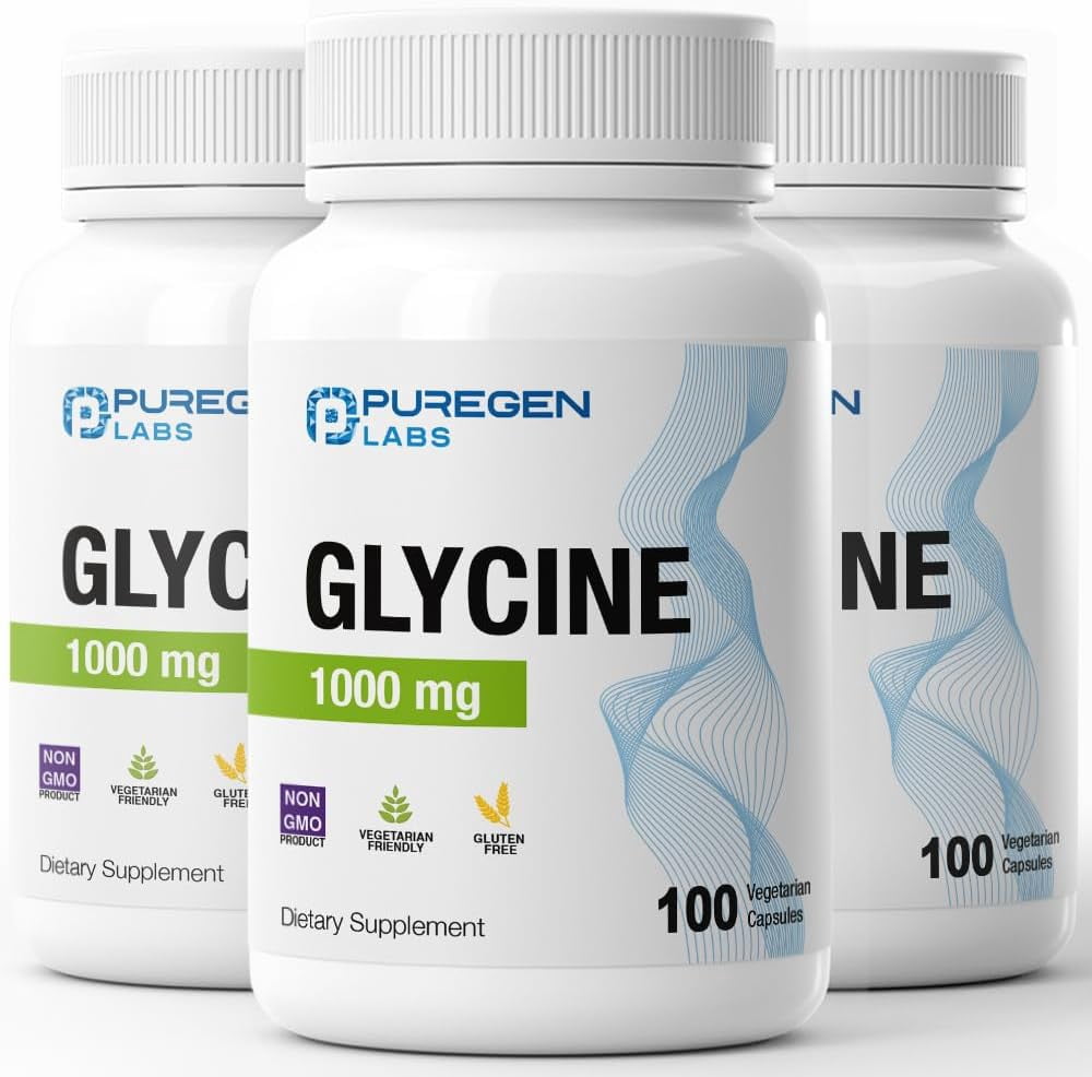 Puregen Labs Glycine 1000mg [High Potency] 100 Vegetarian Capsules, Promotes Healthy Sleep | No Harmful Additives | Non-GMO, NO Gluten and Dairy | Made in USA | 3PK