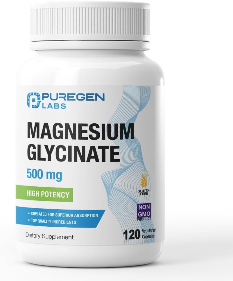 Puregen Labs High Potency Magnesium Glycinate 500mg Chelated for Superior Absorption