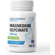 Puregen Labs High Potency Magnesium Glycinate 500mg Chelated for Superior Absorption - 120 Veggie Caps