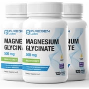 Puregen Labs High Potency Magnesium Glycinate Chelated for Superior Absorption - 120 Veggie Caps - 3 Pack