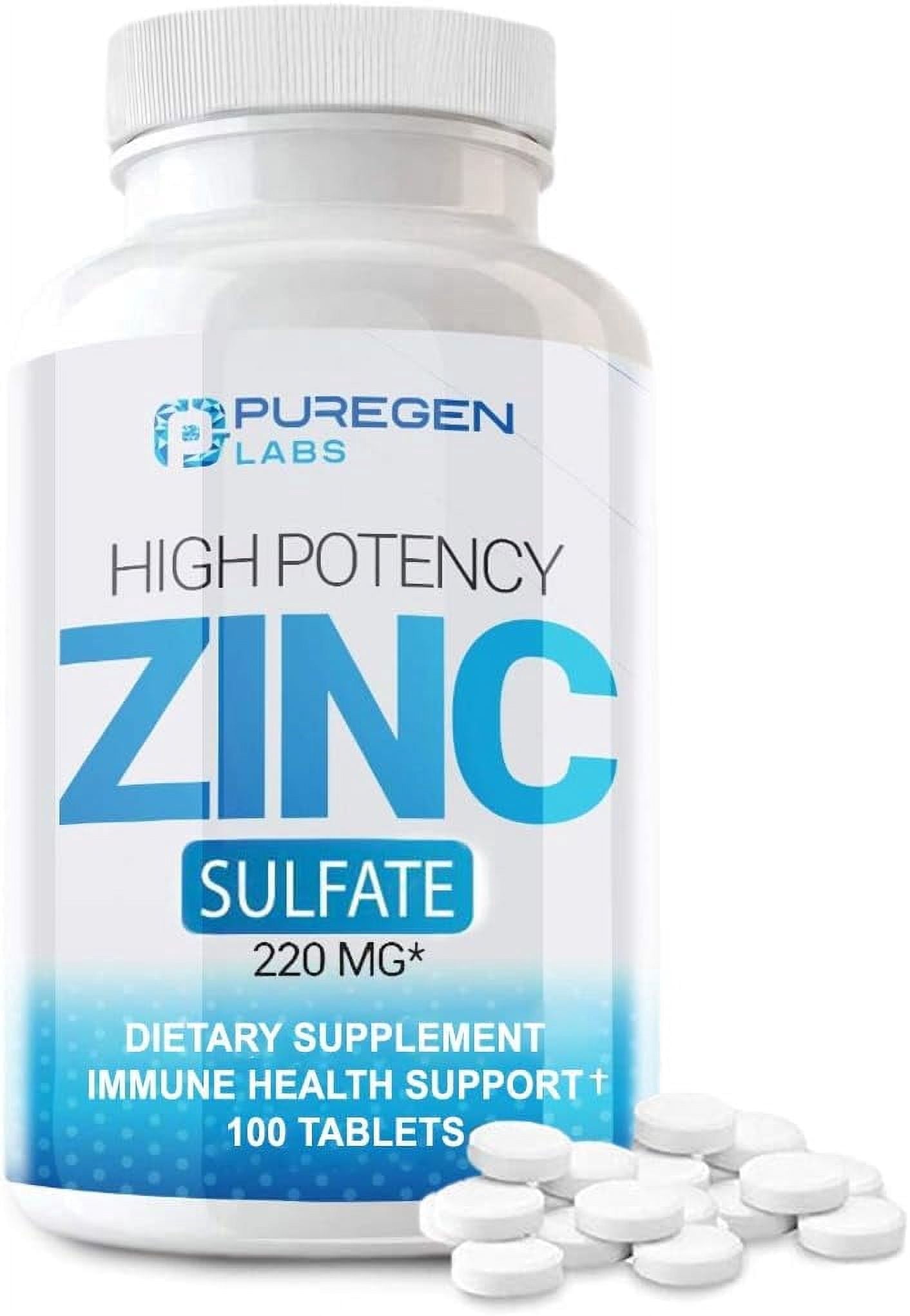 Puregen Labs Zinc Sulfate Supplement High Potency 220mg for Immune System Support 100 Tablets