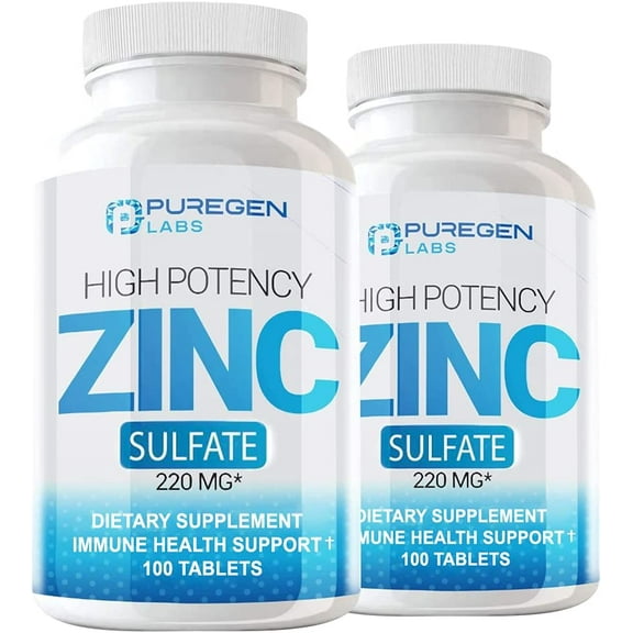 Puregen Labs High Potency Zinc Sulfate 220 mg Supplement for Immune System Support 100 Tablets (2PK)