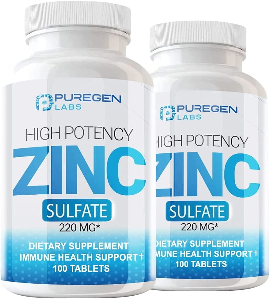 Puregen Labs High Potency Zinc Sulfate 220 mg Supplement for Immune System Support 100 Tablets (2PK)