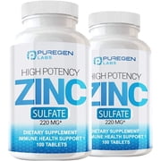 Puregen Labs High Potency Zinc Sulfate 220 mg Supplement for Immune System Support 100 Tablets 2PK