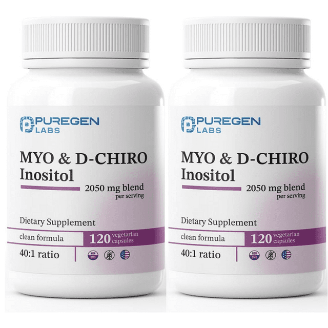 Puregen Labs Inositol Supplement | Myo Inositol & D-Chiro Inositol 2050mg - 120 Veggie Caps | No Harmful Additives | Non-GMO, NO Gluten and Dairy - Made in USA – 2PK