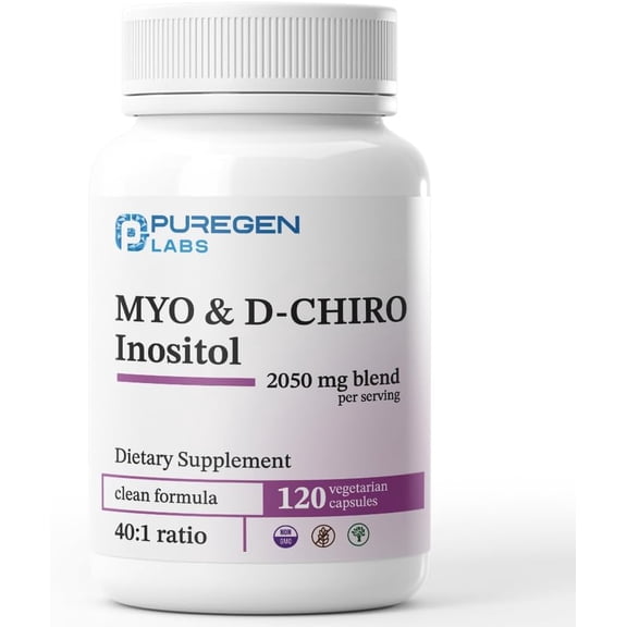 Puregen Labs Inositol Supplement | Myo Inositol & D-Chiro Inositol 2050mg - 120 Veggie Caps | No Harmful Additives | Non-GMO, NO Gluten and Dairy– 1PK
