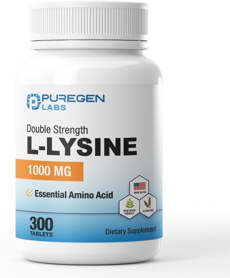 Puregen Labs L-Lysine Extra Strength 1000 MG per Tablet - 300 Servings | High Potency, Immune and Collagen Synthesis Support, Non-GMO, NO Gluten and Dairy - 300 Tablets - Made in USA – 1PK