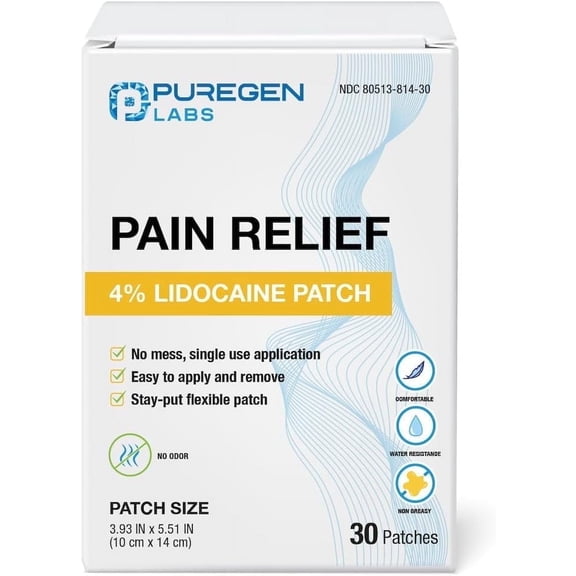 Puregen Labs Lidocaine 4% Numbing Patch - Maximum Strength | Fast Acting Relief of Aches | Back, Neck, Shoulders, Elbows and Knees