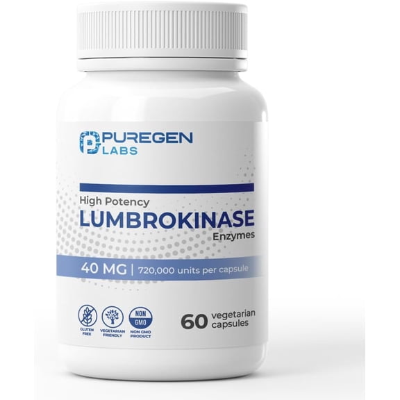 Puregen Labs Lumbrokinase High Potency Supplement, 60 Vegetarian Capsules, 1PK