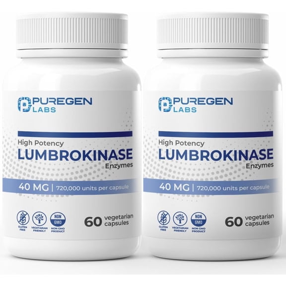 Puregen Labs Lumbrokinase High Potency Supplement, 60 Vegetarian Capsules, 2PK