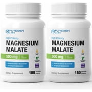 Puregen Labs Magnesium Malate 500mg | High Potency Elemental Magnesium | Superior Absorption, Non-GMO, NO Gluten and Dairy, Supports Muscle, Joint, and Heart Health | 180 Veggie Caps | 2PK