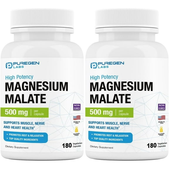 Puregen Labs Magnesium Malate 500mg | High Potency Elemental Magnesium | Superior Absorption, Non-GMO, NO Gluten and Dairy, Supports Muscle, Joint, and Heart Health | 180 Veggie Caps | 2PK
