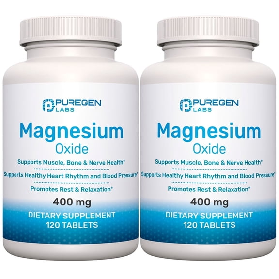 Puregen Labs Magnesium Oxide 400mg [High Potency] 120 Tablets  2PK