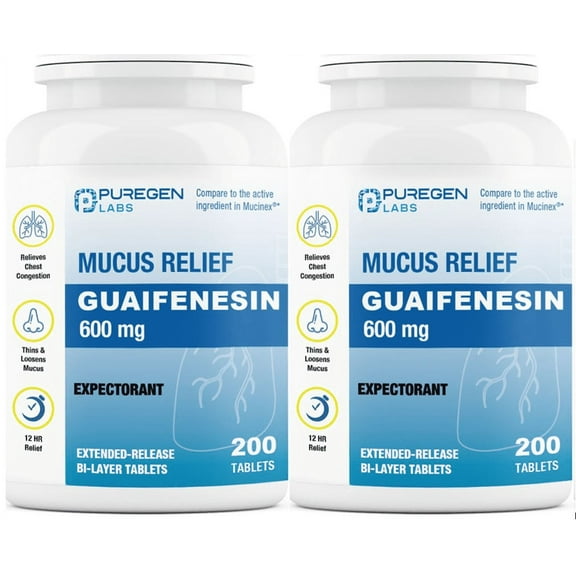 Puregen Labs Mucus Relief 12 Hour Extended Release High Potency Guaifenesin 600 mg - Chest Congestion Cough Expectorant - 200 Tablets (2PK)