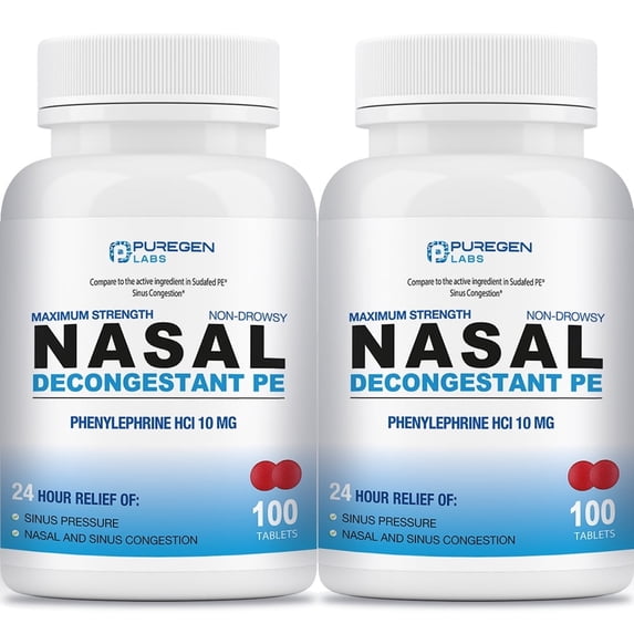 Puregen Labs Nasal Decongestant PE Phenylephrine 10 mg 100 Tablets (2Pack)
