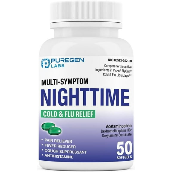 Puregen Labs Nighttime Cold and Flu Relief Softgels, 50 Count