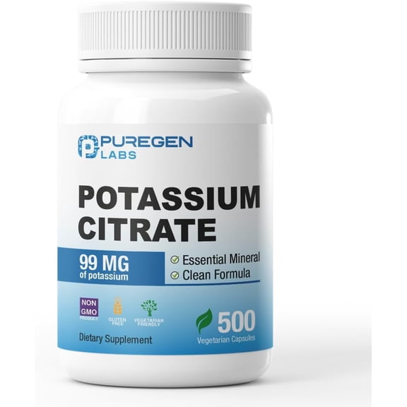 Puregen Labs Potassium Citrate 99 mg of Elemental Potassium Supplement | No Harmful Additives | Non-GMO, Gluten Free | Made in USA - 500 Vegetarian Capsules