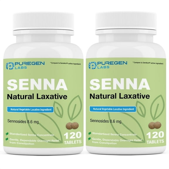 Puregen Labs Senna 8.6mg Natural Sennosides Vegetable Laxative for Constipation, Bloating, Gas, Irregularity Relief 120 Tablets (2PK)