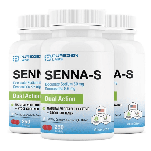 Puregen Labs Senna-S Natural Vegetable Laxative Plus Stool Softener Dual Action - Senna Plus | Gentle Dependable Overnight Relief of Occasional Constipation - 250 Tablets - 3PK