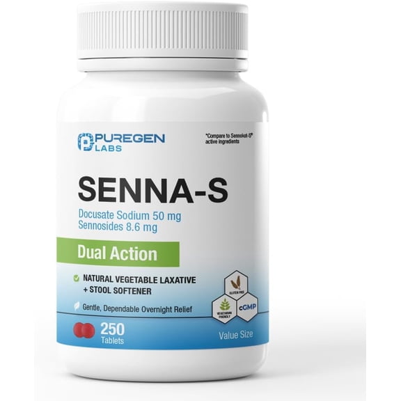 Puregen Labs Senna-S Natural Vegetable Laxative Plus Stool Softener Dual Action - Senna Plus | Gentle Dependable Overnight Relief of Occasional Constipation - 250 Tablets - 3PK