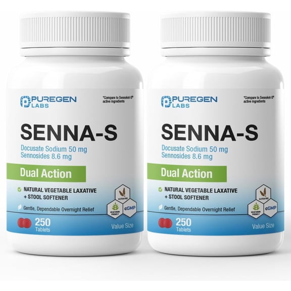 Puregen Labs Senna-S Natural Vegetable Laxative Plus Stool Softener Dual Action - Senna Plus | Gentle Dependable Overnight Relief of Occasional Constipation - 250 Tablets - 2PK