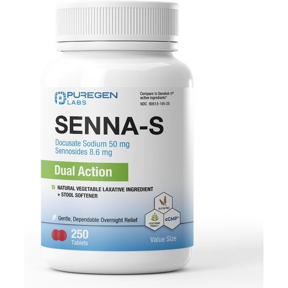 Puregen Labs Senna-S Natural Vegetable Laxative Tablets for Constipation, 250 Count