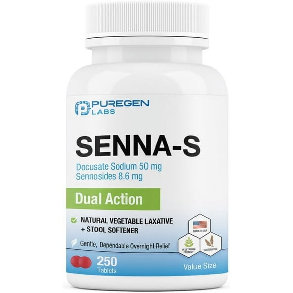 Puregen Labs Senna-S Natural Vegetable Laxative Tablets for Constipation, 250 Count