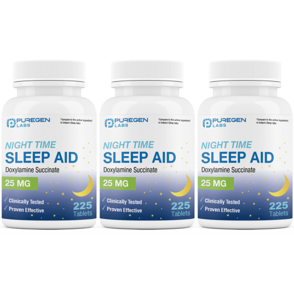 Puregen Labs Sleep Aid Doxylamine Succinate 25mg Non-Habit Forming (225 Tablets) - 3PK