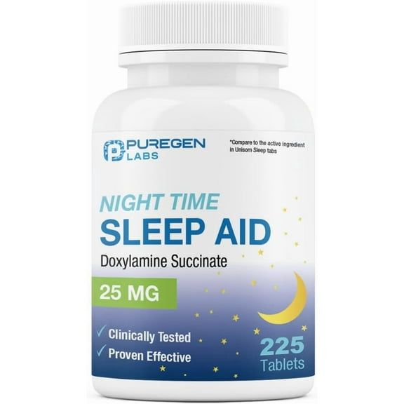 Puregen Labs Sleep Aid Doxylamine Succinate 25mg Non-Habit Forming (225 Tablets)