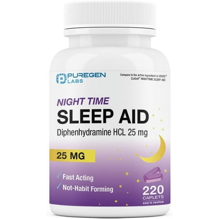 Puregen Labs Sleep Aid for Deeper, Restful Sleep, Diphenhydramine 25mg – 220 Caplets