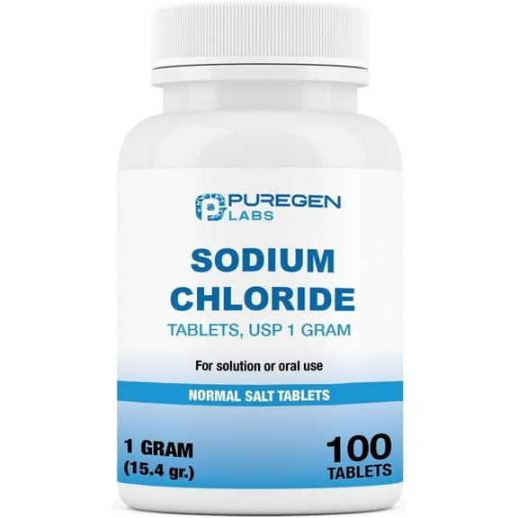 Puregen Labs Sodium Chloride 1000 mg USP - Electrolytes Replenisher Hydration Drink - 100 Tablets - 1PK