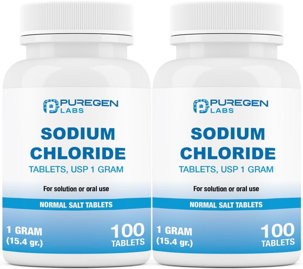 Puregen Labs Sodium Chloride 1000 mg USP - Electrolytes Replenisher Hydration Drink - 100 Tablets - 2PK