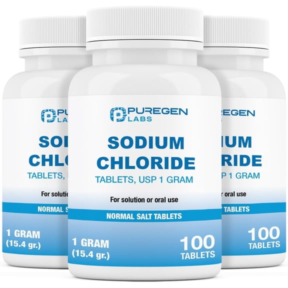 Puregen Labs Sodium Chloride 1000 mg USP - Electrolytes Replenisher Hydration Drink - 100 Tablets - 3PK