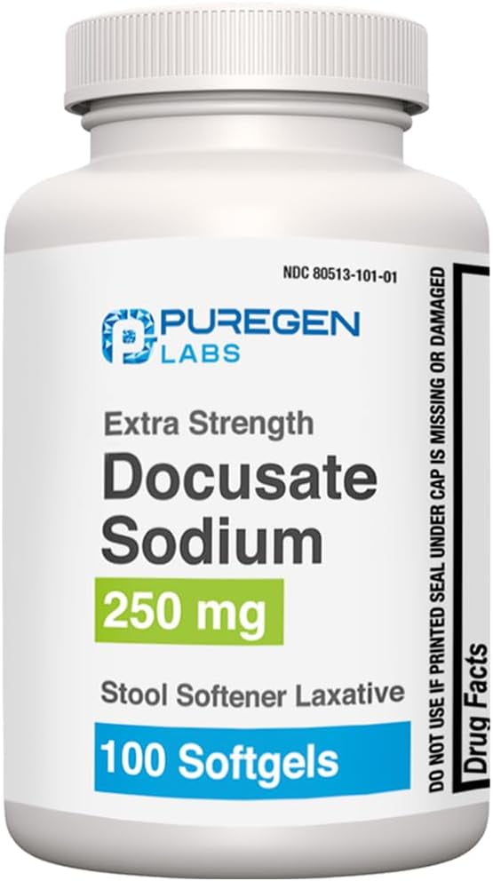 Puregen Labs Docusate Sodium Stool Softener Laxative Softgels for Gentle Constipation Relief 250 mg 1PK 100 Count