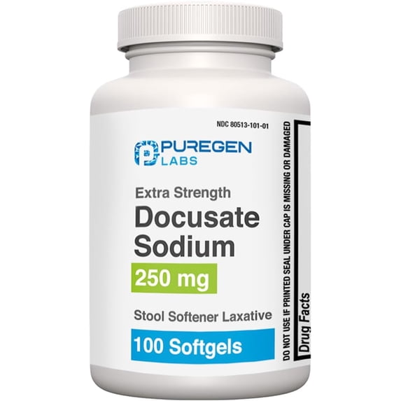 Puregen Labs Docusate Sodium Stool Softener Laxative Softgels for Gentle Constipation Relief 250 mg 1PK 100 Count