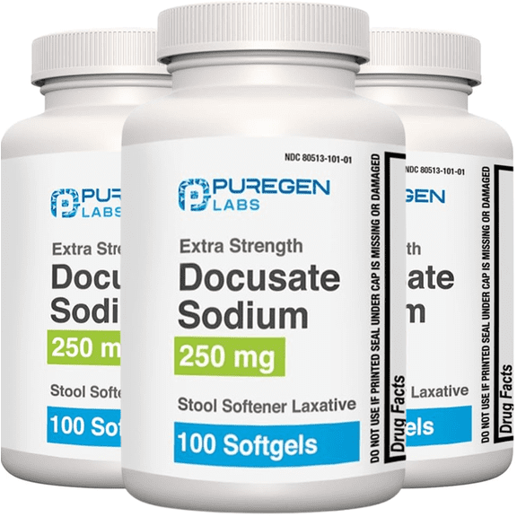 Puregen Labs Docusate Sodium 250 mg Laxatives for Constipation Relief 100 Softgels, Pack of 3