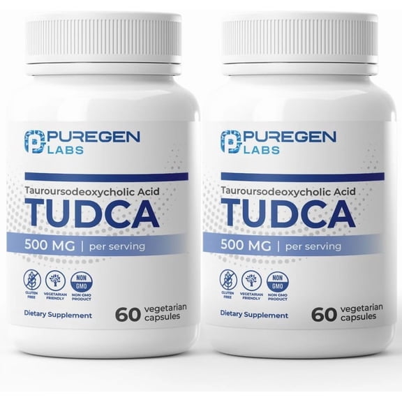 Puregen Labs TUDCA (Tauroursodeoxycholic Acid) 500mg per Serving, Bile Salts Liver Supplement | No Harmful Additives | Non-GMO | Gluten Free | Made in USA - 60 Vegetarian Capsules 2PK
