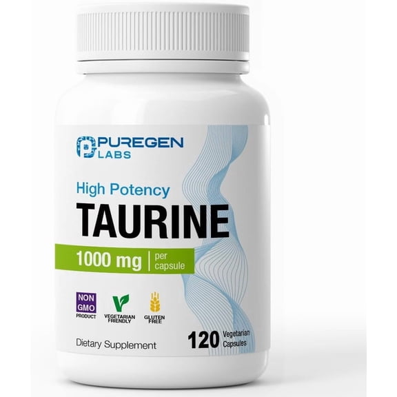 Puregen Labs High Potency Taurine Amino Acid Supplement Veg Capsules, 1000mg, Supports Heart Health and Muscle Recovery, Gluten-Free, 120 Count
