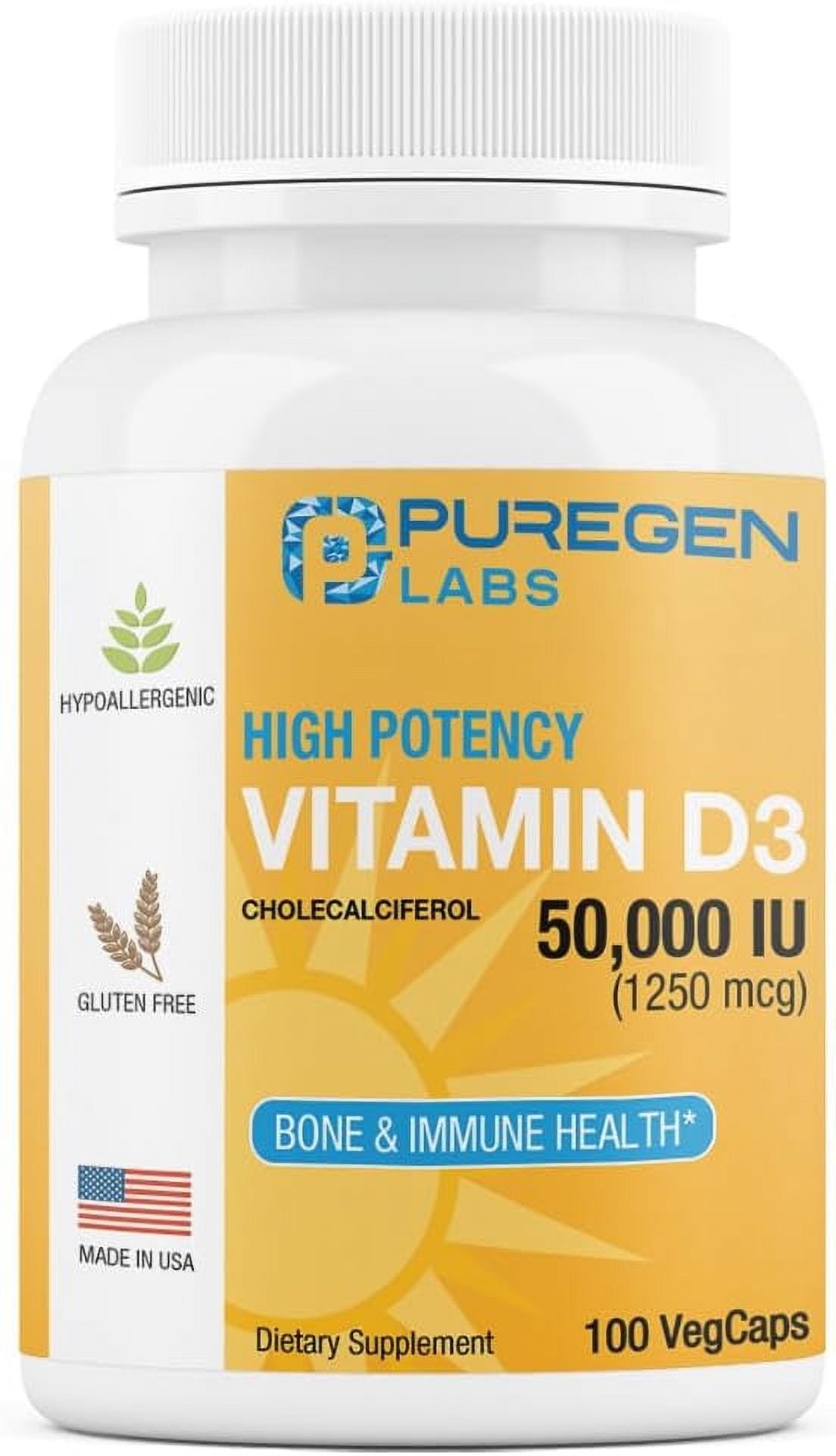 Puregen Labs Vitamin D3, 50,000 IU (1250 Mcg), 100 Vegicaps 100 Weeks ...