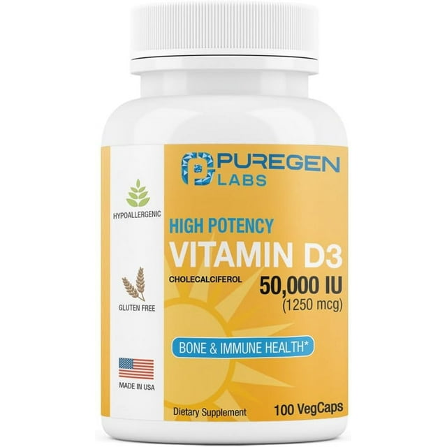 Puregen Labs Vitamin D3, 50,000 IU (1250 mcg), 100 VegiCaps 100 Weeks