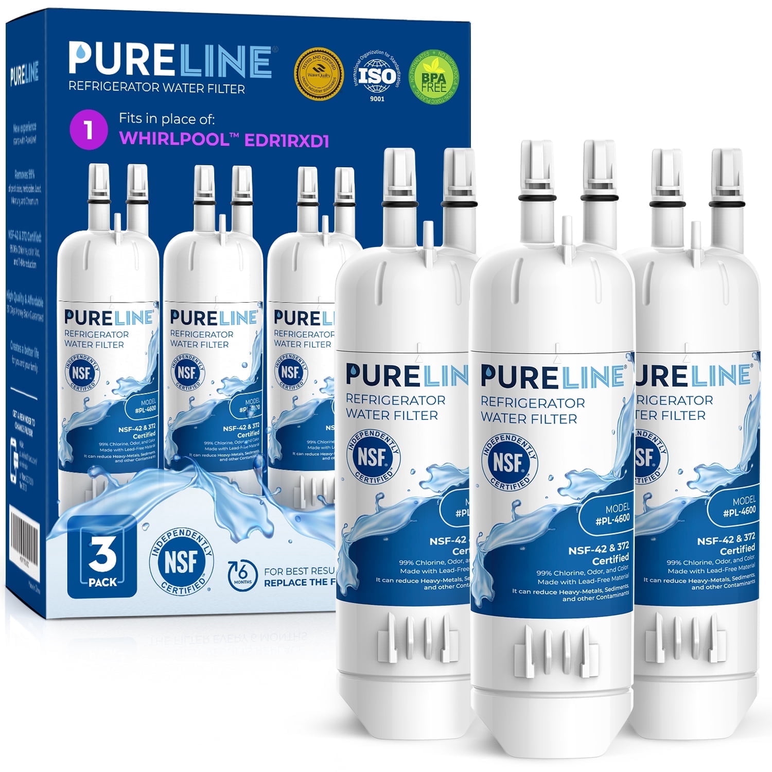Pureline Whirlpool® EDR1RXD1 Replacement for Everydrop Filter 1, W10295370A, P8RFWB2L, P4RFWB, Kenmore® 46-9081 Refrigerator Water Filter (3 Pack)