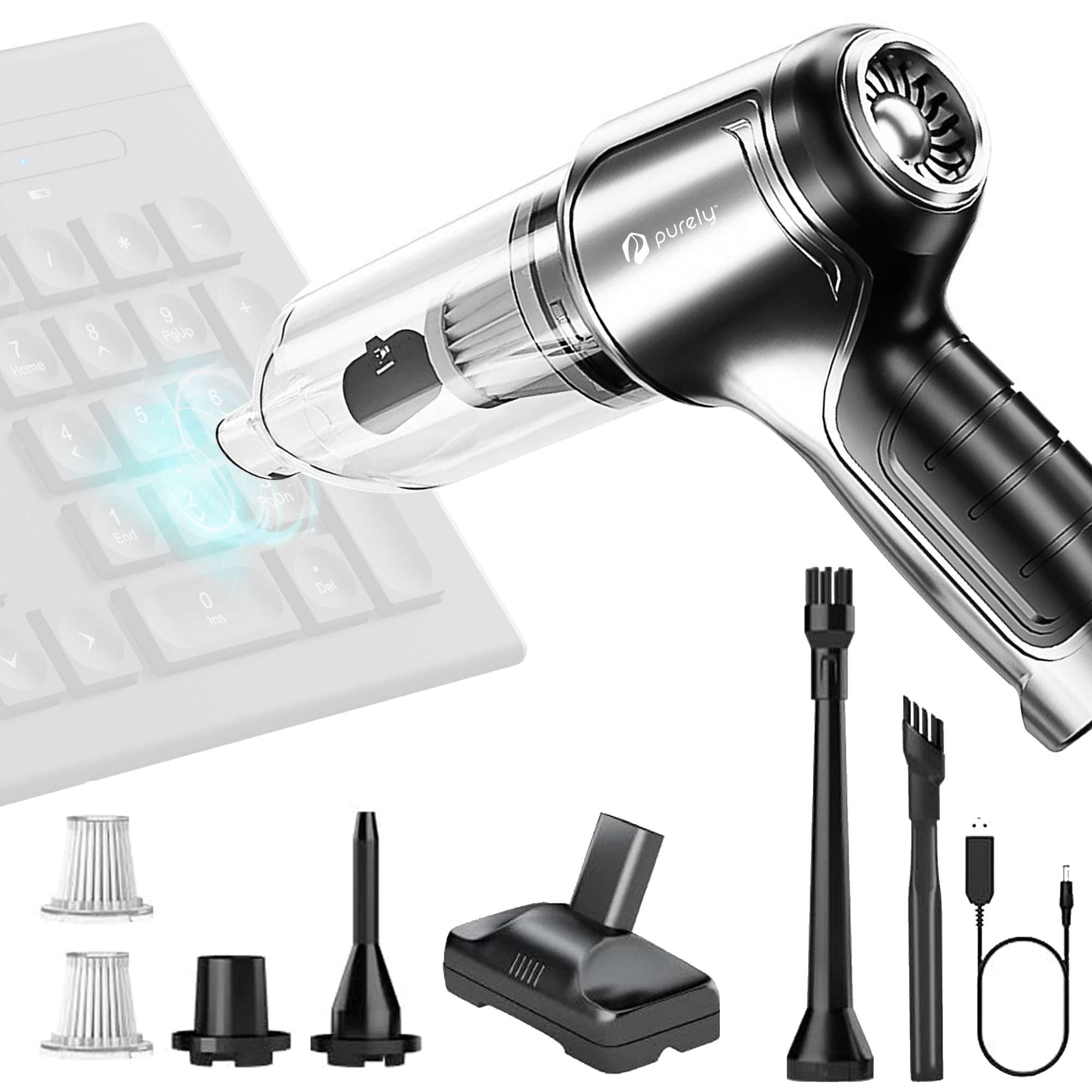 Purely C105 Keyboard Cleaner, Compressed air Duster & Vacuum Cleaner, 35000RPM Rechargeable Cordless Air Blower, Brushless Motor, Electric Devices Cleaning Kit