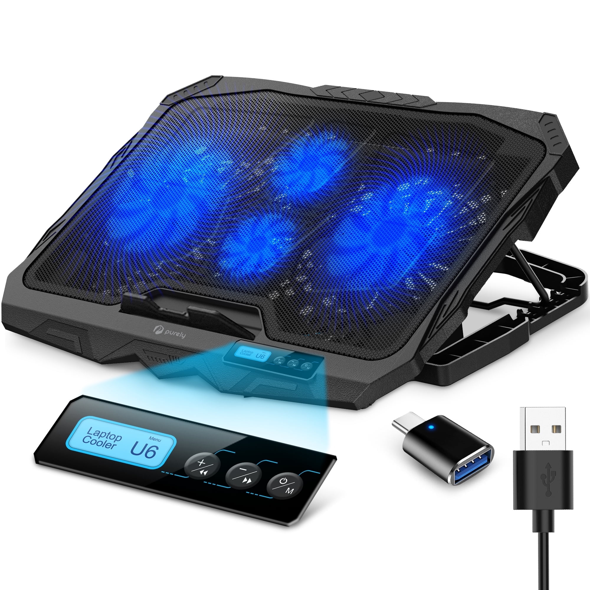Purely C14 Laptop Cooling Pad, 6 Adjustable Height Laptop Stand, 4 Fans, 3 Fan Modes + 6 Speeds, LED Display, 2 USB Ports, Compatible for Win or Mac Laptops, iPads and Tablets, iPhone and Smartphones