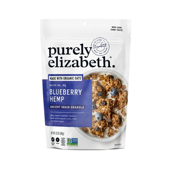 purely elizabeth Ancient Grain Granola Certified Glutenfree Vegan NonGMO Coconut Sugar Delicious Healthy Snack , Blueberry Hemp, 12 Ounce