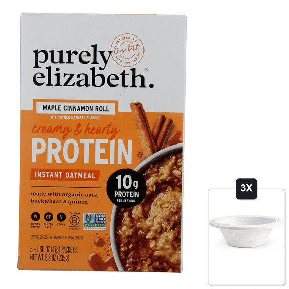 Purely Elizabeth Maple Cinnamon Roll Instant Protein Oatmeal, 8.3 oz & 3x 12oz Disposable Plastic Bowl