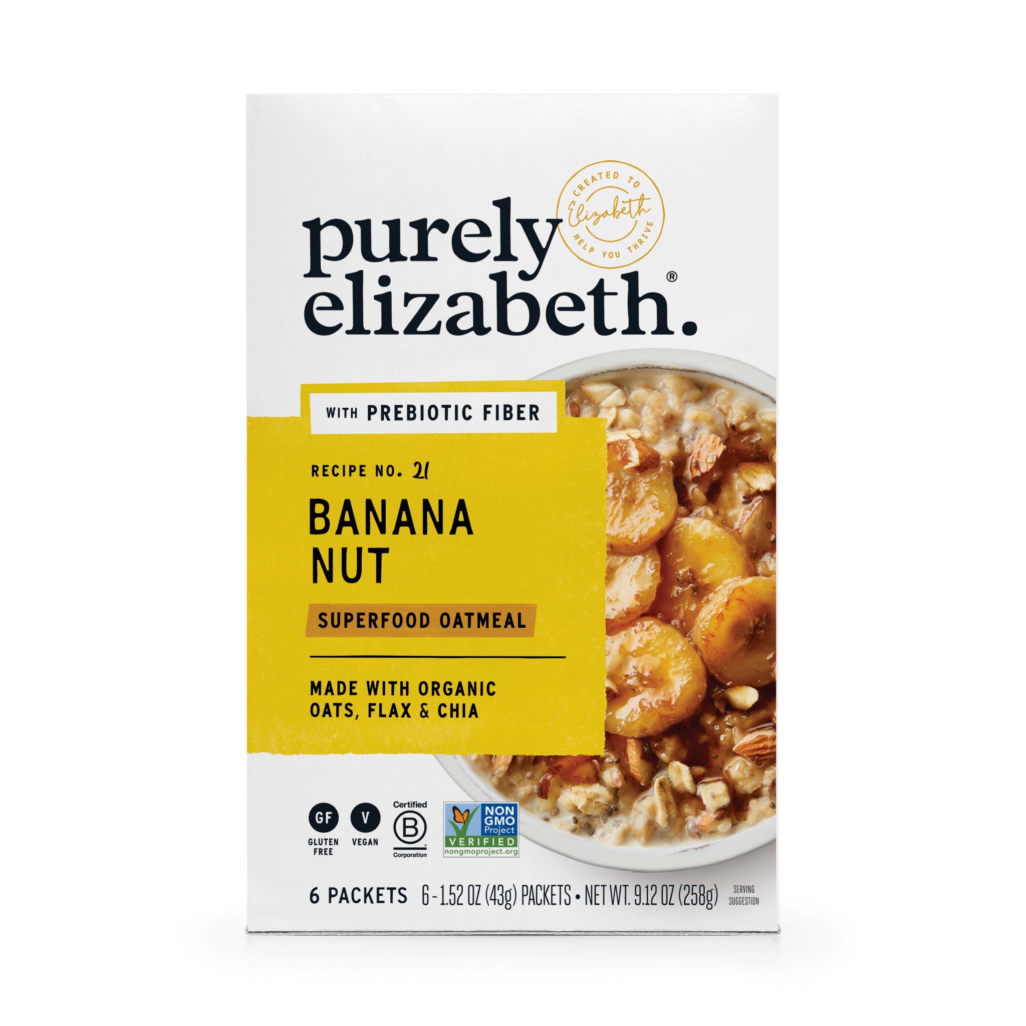 Purely Elizabeth Organic Oats, Flax, & Chia Banana Nut Instant Oatmeal, 1.52 oz, 6 Count - image 1 of 8