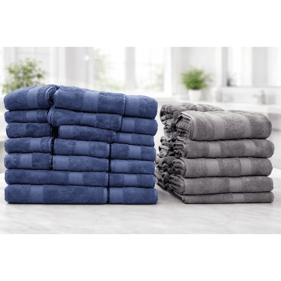 Purely Indulgent 100% Egyptian Cotton Towel Set 8 Piece, Dark Gray & Blue, Ultra Soft & Absorbent